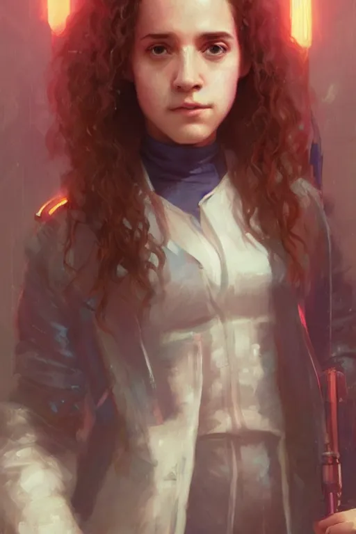 Prompt: portrait of Hermione Granger in cyberpunk, neon lighting, digital art from artstation by Ruan Jia and Mandy Jurgens and Artgerm and william-adolphe bouguereau and Greg Rutkowski and Wayne Barlowe