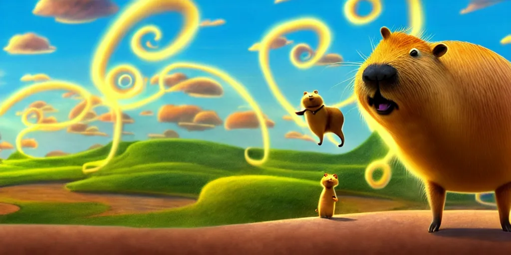 Image similar to cartoon concept art, capybara character, spiral clouds, from lorax movie