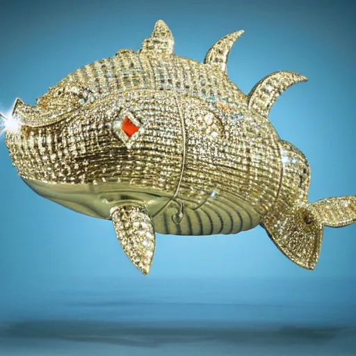 Image similar to A diamond encrusted killer anglerfish with jeweled teeth, the esca light is a minature vegas casino