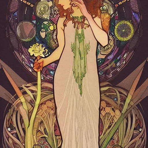 Image similar to modern woman in beautiful dress. mucha style. epic composition. highly detailed.