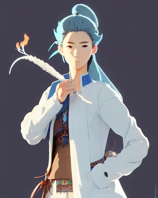 Prompt: azctec warrior, a south korean female, she wears a light blue jacket, white ponytail hair, detailed perfect face, exquisite details, fire magic, mid view, design on a white background, by studio muti, greg rutkowski makoto shinkai takashi takeuch studio ghibli