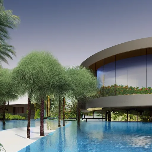 Image similar to architectural rendering of biophilia building in the desert, biomimetry, pool, garden