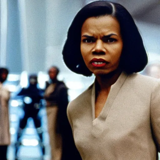 Prompt: young woman Condoleezza Rice in Star Wars, movie still, speed, cinematic Eastman 5384 film