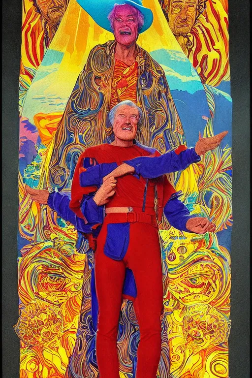 Image similar to an awesome jean giraud portrait of timothy leary telling jokes in the style of a renaissance masters portrait, mystical and new age symbolism