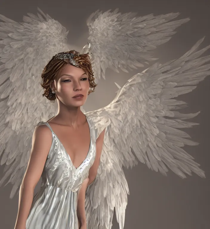 Image similar to centered waist up portrait of an angel wearing an incredible dress with jewelry, bokeh + DOF + 8k, photorealistic + rendered in vray + ultra realistic + backlit + strong rim light + HDRI, HD, Photoreal , by Andon Hristov, trending on artstation