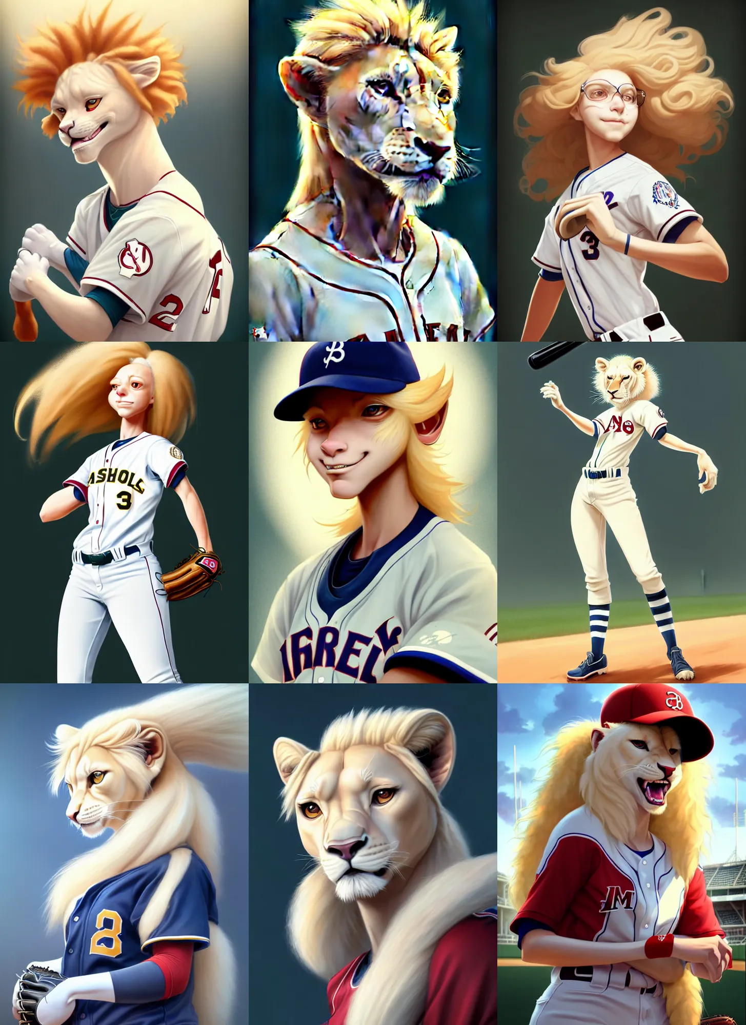 Prompt: beautiful portrait of a female anthropomorphic albino lioness fursona baseball player at a baseball stadium. character design by disney, charlie bowater, ross tran, artgerm, and makoto shinkai, detailed, soft lighting, rendered in octane