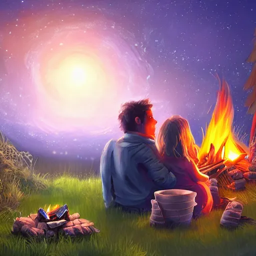 Image similar to guy and girl sitting beside cosy campfire at night, fantasy, hd 4k digital art, very detailed