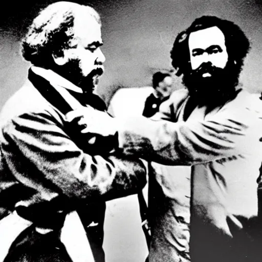 Prompt: Historical photo of Karl Marx fighting Donald Trump, high contrast black and white film photo, important historical photo