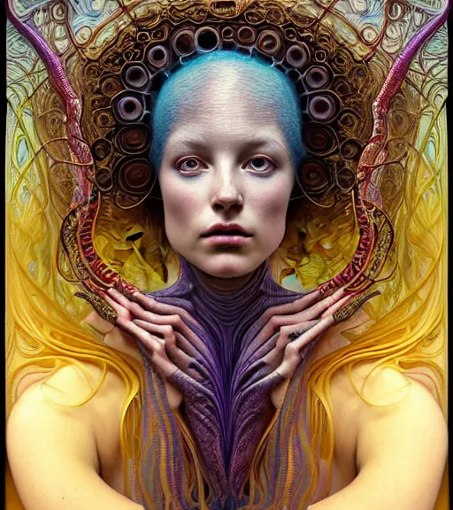 Image similar to detailed realistic beautiful young groovypunk queen of andromeda galaxy in full regal attire. face portrait. art nouveau, symbolist, visionary, baroque, giant fractal details. horizontal symmetry by zdzisław beksinski, iris van herpen, raymond swanland and alphonse mucha. highly detailed, hyper - real, beautiful