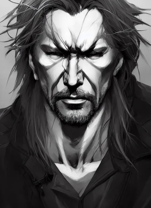 Image similar to Half body portrait of mature man with long silver hair, half man half wolf. In style of Yoji Shinkawa and Hyung-tae Kim, trending on ArtStation, dark fantasy, great composition, concept art, highly detailed, dynamic pose.