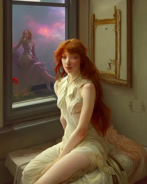 Image similar to eleanor tomlinson, vaporwave, bedroom, highly detailed, digital painting, artstation, concept art, smooth, sharp focus, illustration, art by artgerm and greg rutkowski and alphonse mucha