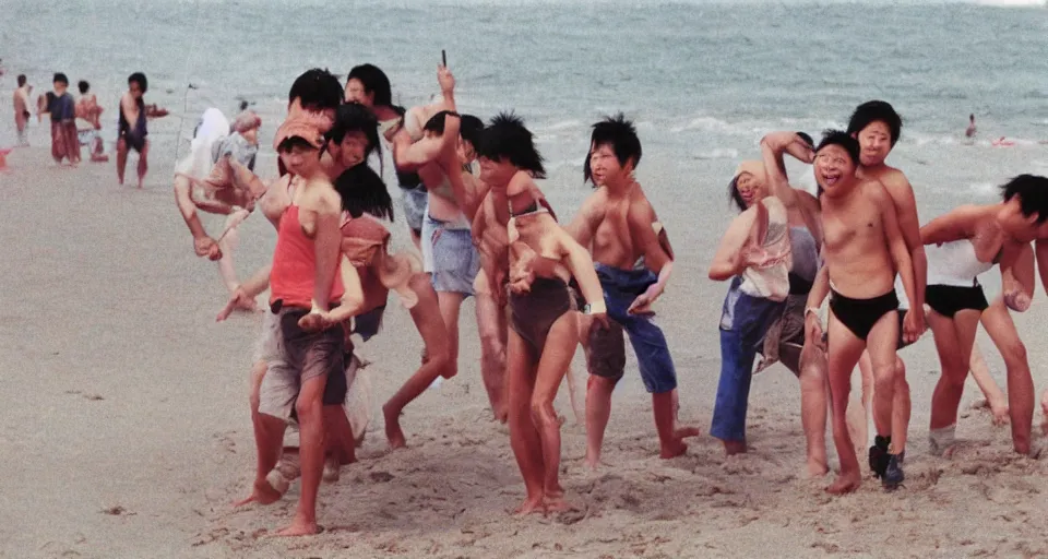 Prompt: 90s Japan, Professional photograph, some people in the beach, midsummer