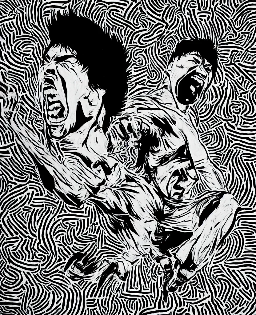 Image similar to a portrait of bruce lee screaming by mcbess, drawn with black and yellow permanent marker