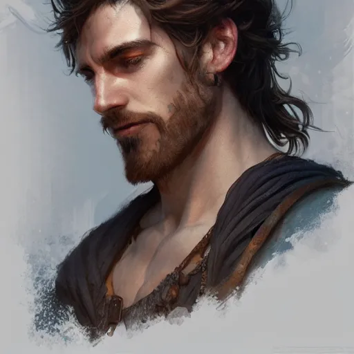 Image similar to portrait of a rugged male, D&D, fantasy, intricate, elegant, highly detailed, digital painting, artstation, concept art, smooth, sharp focus, illustration, art by artgerm and greg rutkowski and alphonse mucha