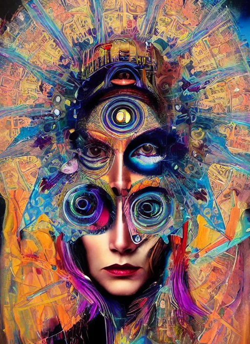 Image similar to collage of gorgeous magic cult psychic woman smiling, third eye, energetic consciousness psychedelic, epic surrealism expressionism symbolism, story telling, iconic, dark robed, oil painting, symmetrical face, dark myth mythos, by Sandra Chevrier, Noriyoshi Ohrai masterpiece cutout layering