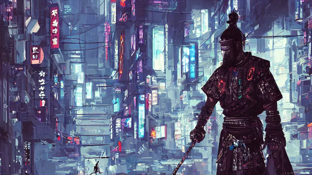 Image similar to A samurai in a cyberpunk city, digital art