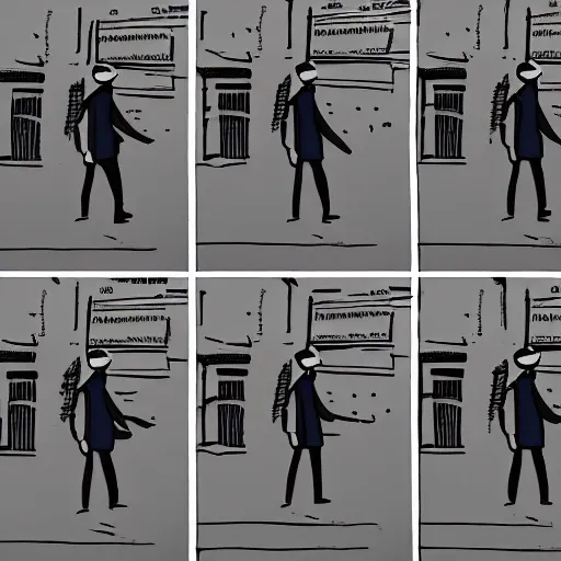 Prompt: storyboard frame of pov of a man walking on the berlin wall