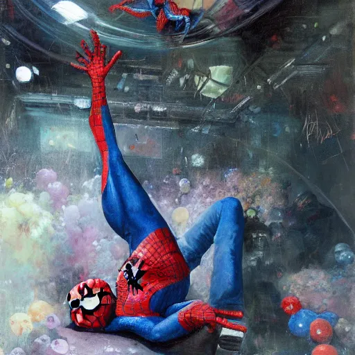 Image similar to portrait of an emotional spiderman sitting in a ball pit, by jeremy mann, peter elson.