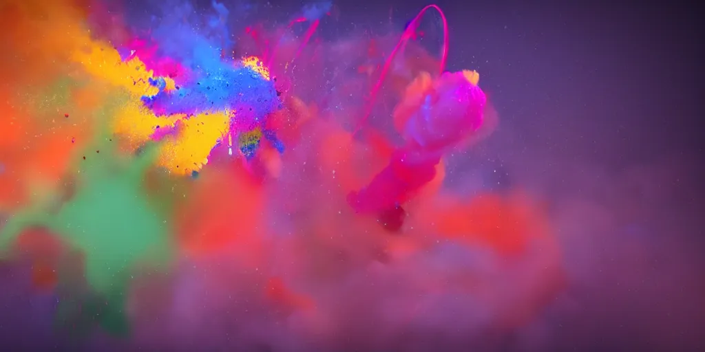 Image similar to colorful powder explosion in the air, houdini redshift rendered, high in detail.