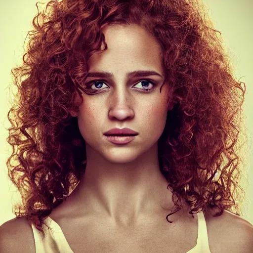 Image similar to Curly ginger hair Alicia Vikander, realistic, photo studio, HDR, 8k, trending on artstation