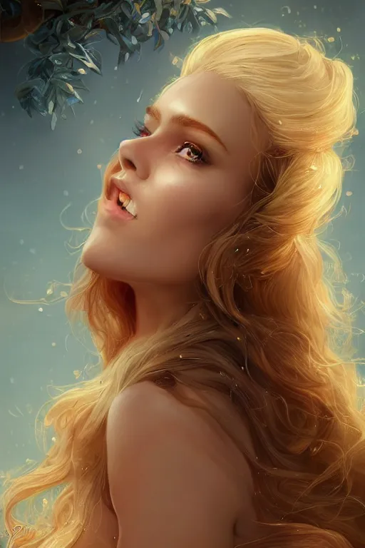 Image similar to an insanely detailed portrait of a beautiful woman facing you in the park, highly detailed features, sparkling blue eyes, long eyelashes, long golden blonde hair, beautiful smile, in the style of peter mohrbacher, artgerm, dramatic lighting and composition, octane render, trending on artstation, concept art 8 k