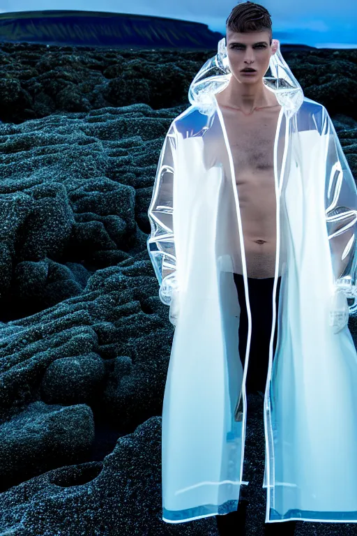 Image similar to an ultra high definition professional high fashion portrait studio full length photograph of a male model wearing a transparent pearlescent raincoat and neon visor planking in an icelandic black rock environment at dawn. no artefacts. extremely detailed. stark. refraction. shallow depth of field. volumetric light and shadow. ray tracing. light rays.