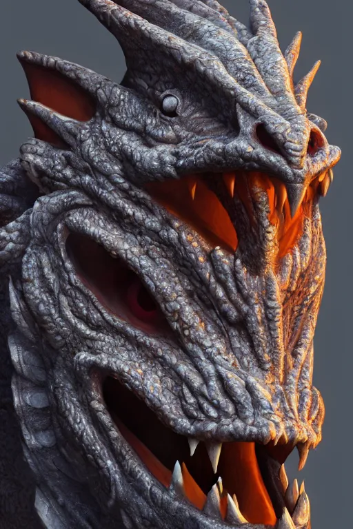 Prompt: a portrait of a dragon head, close up, 3 d model, unreal engine 5, sharp focus, detailed matted painting, 4 k, epic lighting, artstation, by antoine di lorenzo