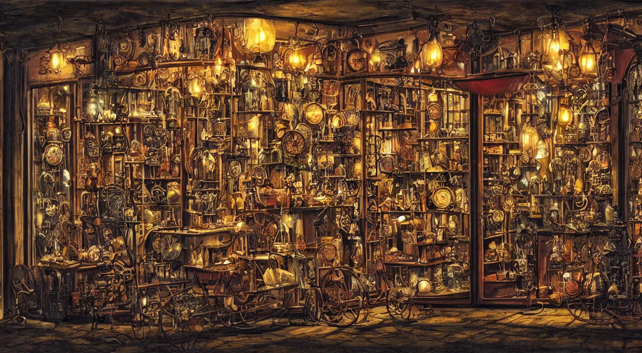 Prompt: steampunk shop window by guido borelli da caluso, darkness, neon lights, photo realistic, completely filled with interesting oddities, things hanging from ceiling, light bulbs, cinematic