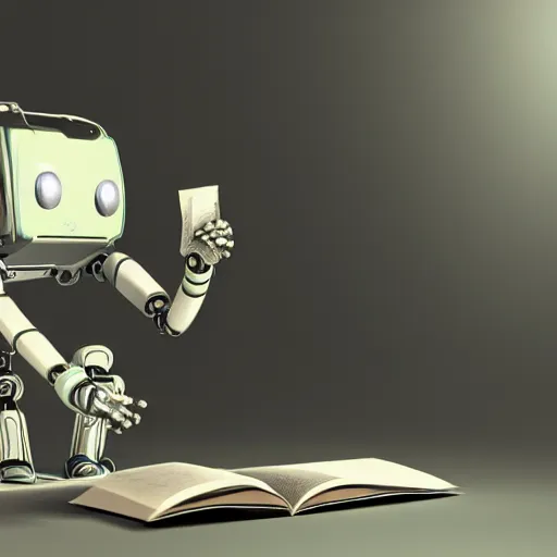 Image similar to a curious robot sitting, reading a book, octane render, 3D