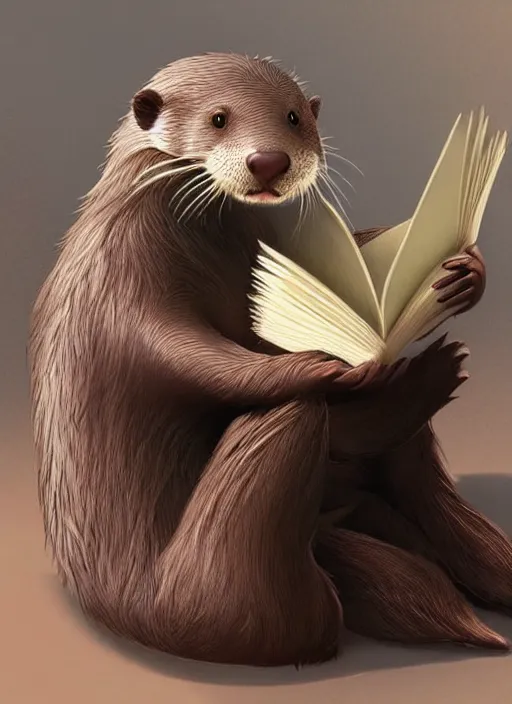 Image similar to cute Otter Student reading a book, unreal 5, concept art, trending on google