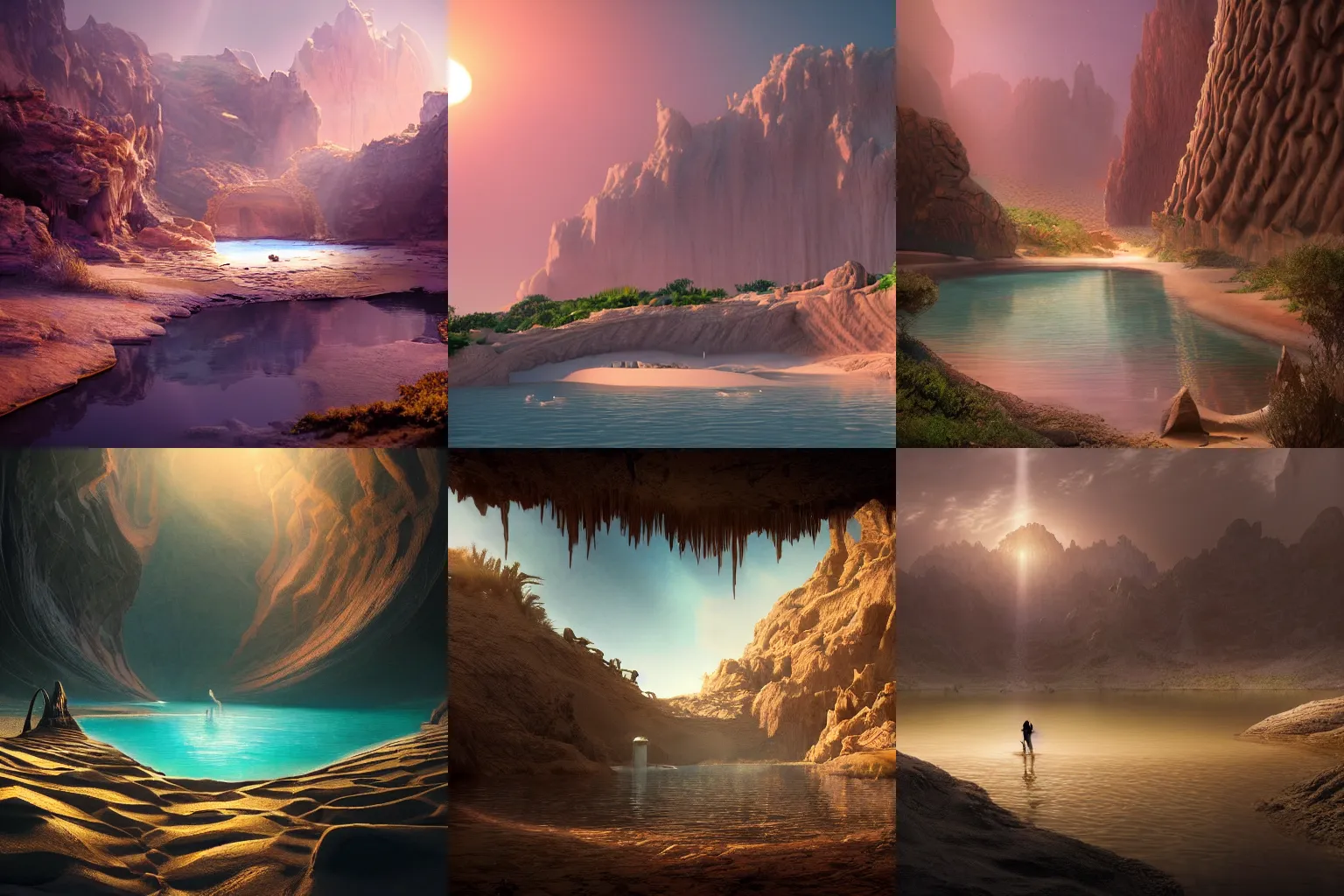 Prompt: desert oasis, fantasy, cave with a lake, Dune, cinematic, realistic style, beautiful, majestic, dramatic lighting, early morning, dawn CGsociety, realistic, hyper maximalist, golden ratio, octane render, rule of thirds, wide shot , 8k resolution, epic volumetric light, cinematography, concept art, Artstation trending, environments, fantasy