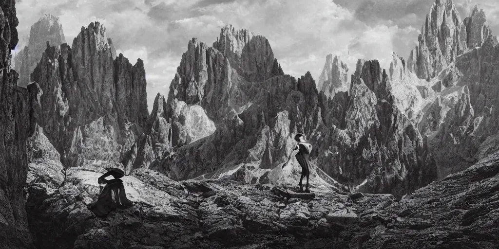 Prompt: 1920s photography Tschäggättä dancing, dolomites in the background, occult signs, witch burning, pyre, solstice fire, alp, dolomites, alpine, detailed intricate insanely detailed octane render, 8k artistic 1920s photography, photorealistic, black and white, chiaroscuro, hd, by David Cronenberg, Raphael, Caravaggio