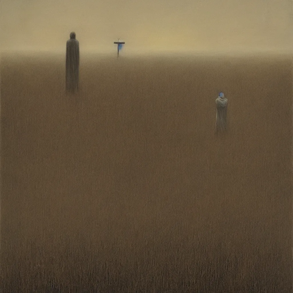 Prompt: a painting of a person praying in a field, facing a huge cross,, an ultrafine detailed painting by zdzisław beksinski, dark, horror, surrealism, cgsociety, precisionism, 2 d game art, mist, dystopian art