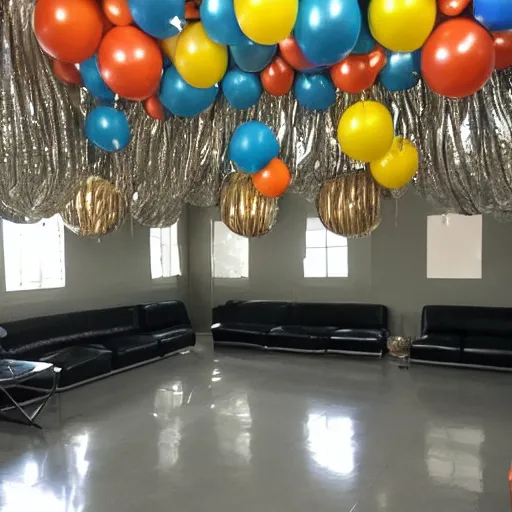 Image similar to photo of the backrooms with balloons and disco ball