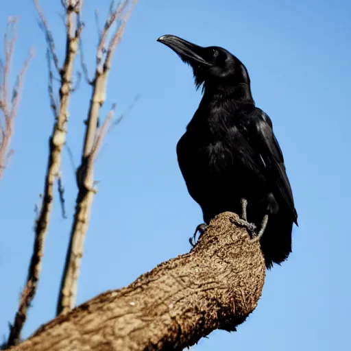 Image similar to A high quality photo of a raven perched on a tree, 4k, detailed, focus on a raven