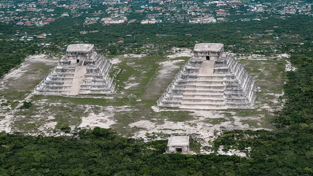 Prompt: remarkable airplane view of the ancient mayan city of chichen-itza in yucatan which once held a million cultivated people and was graced by a huge sacred temple
