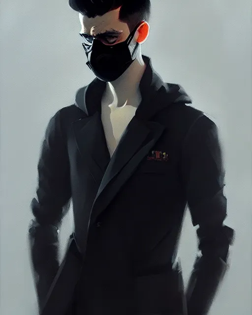 Prompt: a ultradetailed beautiful panting of a european young man wearing black medical mask, by ilya kuvshinov, greg rutkowski and makoto shinkai, trending on artstation