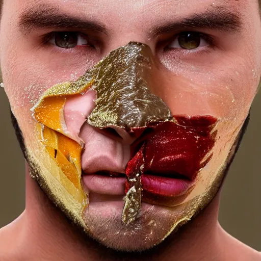 Image similar to a man peeling off his face like a mask, hyper realistic, 4k, high definition, symmetry, groovy,