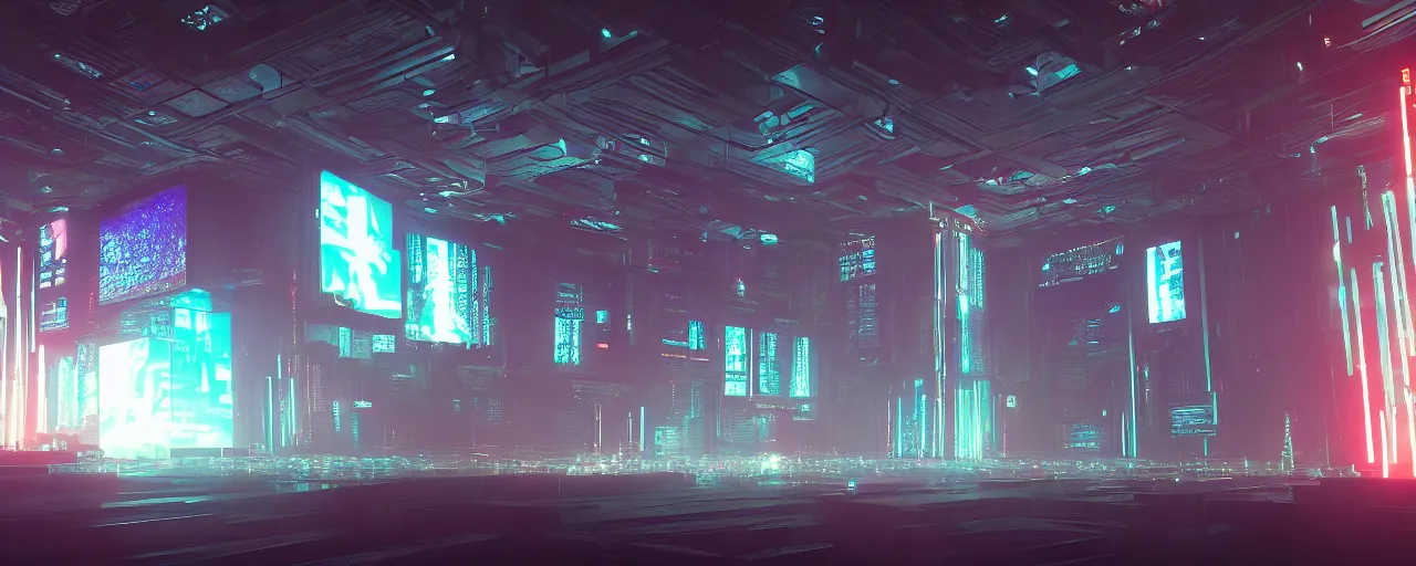 Image similar to an cyberpunk temple made of tv screens, glowing displays, octane render, unreal engine, 8 k, cinematic, artwork by ilya kuvshinov