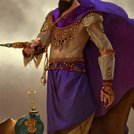 Image similar to charming arabian ( ( ( tailor ) ) ), dressed in fine colorful robes and jewelry over fantasy armor, goatee, smirking, holding a magic needle and spool, fantasy art by barret frymire and artem priakhin and wenjun lin and greg rutkowski and alphonse mucha, artstation, matte, illustration, intricate, highly - detailed high resolution