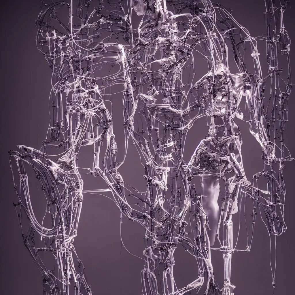 Image similar to medium photographic shot a biomechnical human with artifcial muscle tendons bones, microcircuits, tubes, cables, pumps, in the style of westworld, artificial lighting, cybernetic automatized robot factory, cyberpunk, artificial neon light, photorealistic, ultra detailled, by annie leibowitz