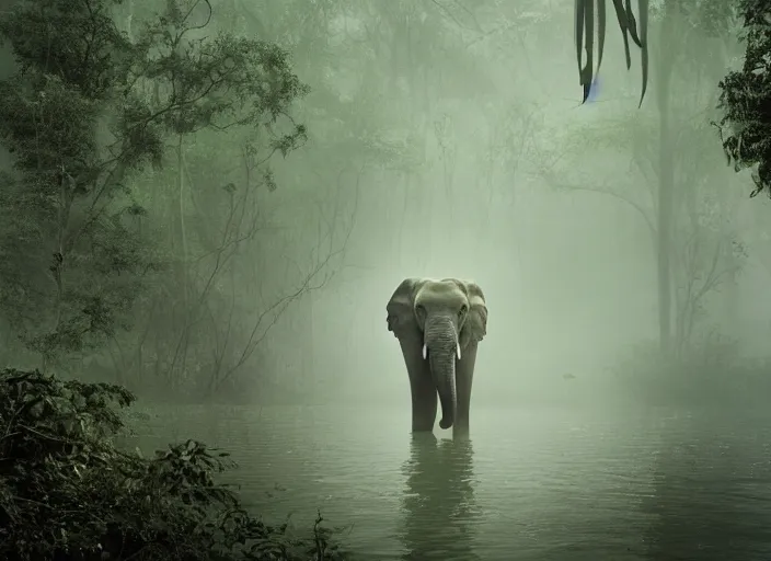 Image similar to an elephant octopus chimera, in a jungle with ominous light from above, great photography, ambient light, fog, river