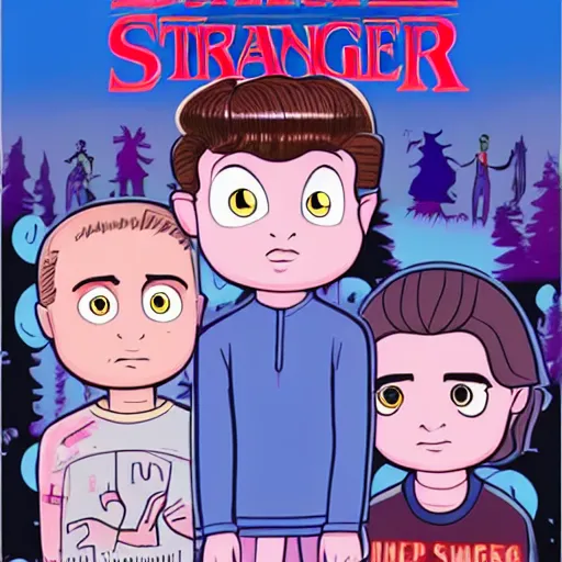 Image similar to stranger things cartoon series starring eleven and shrek