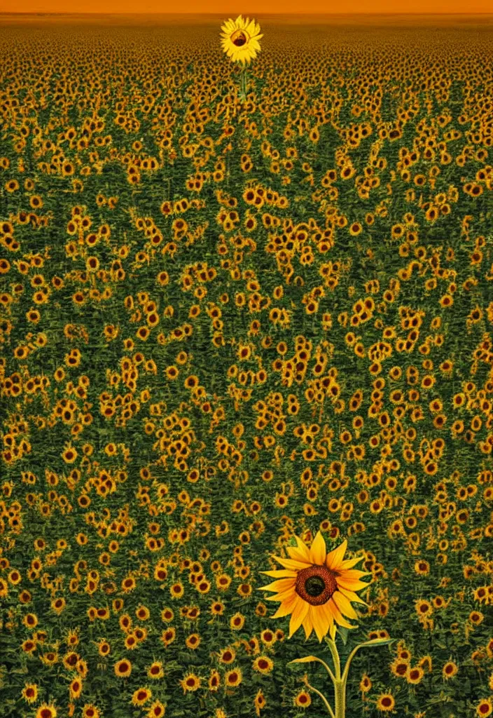 Image similar to A communist Propaganda Poster of a single sunflower in a vast dry field.