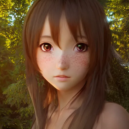 Image similar to Render of a very beautiful 3d anime girl, long hair, hazel eyes, cute freckles, full round face, short smile, cute sundress, golden hour, forest setting, medium shot, mid-shot, highly detailed, trending on Artstation, Unreal Engine 4k