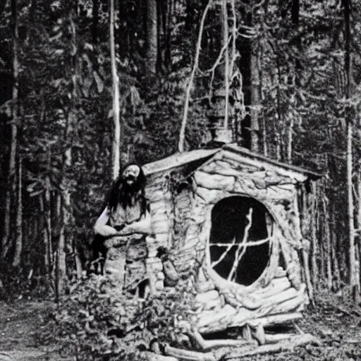 Prompt: Baba Yaga in the forest, waiting for her next victim. Horror found footage. Banned image. Unit 731