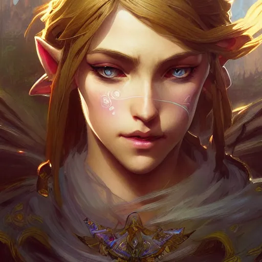 Image similar to beautiful sensual breath of the wild Link, dark fantasy esoteric , closeup, D&D, fantasy, intricate, elegant, highly detailed, digital painting, artstation, concept art, matte, sharp focus, illustration, art by Artgerm and Greg Rutkowski and Alphonse Mucha