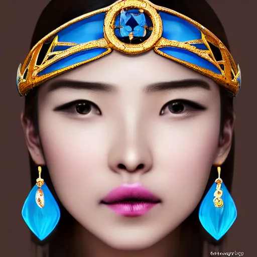 Prompt: a photographic portrait of an heroïc fantasy 30 years old princess with a deep blue saphire and gold diadem by Zhang Jigna, canon 50mm, artstation