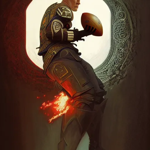 Image similar to Ter Stegen holding a bomb, goalkeeper, football pitch, D&D, fantasy, intricate, elegant, highly detailed, digital painting, artstation, concept art, matte, sharp focus, illustration, art by Artgerm and Greg Rutkowski and Alphonse Mucha