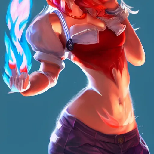 Image similar to Splash art, little anime girl league of legends style with a white t-shirt, red sleeves and regular blue jeans, has fire powers, her hair is made out of fire, her hands are on fire powerfull character, trending on artstation